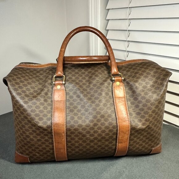 👜 VINTAGE CELINE MACADAM CANVAS & CALFSKIN BOSTON TRAVEL BAG - TAN LEATHER 👜 - Picture 1 of 13